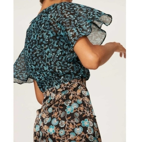 Misa Los Angeles Talia Dress Black Teal Floral Women's Medium M Flutter Sleeves - Picture 4 of 15